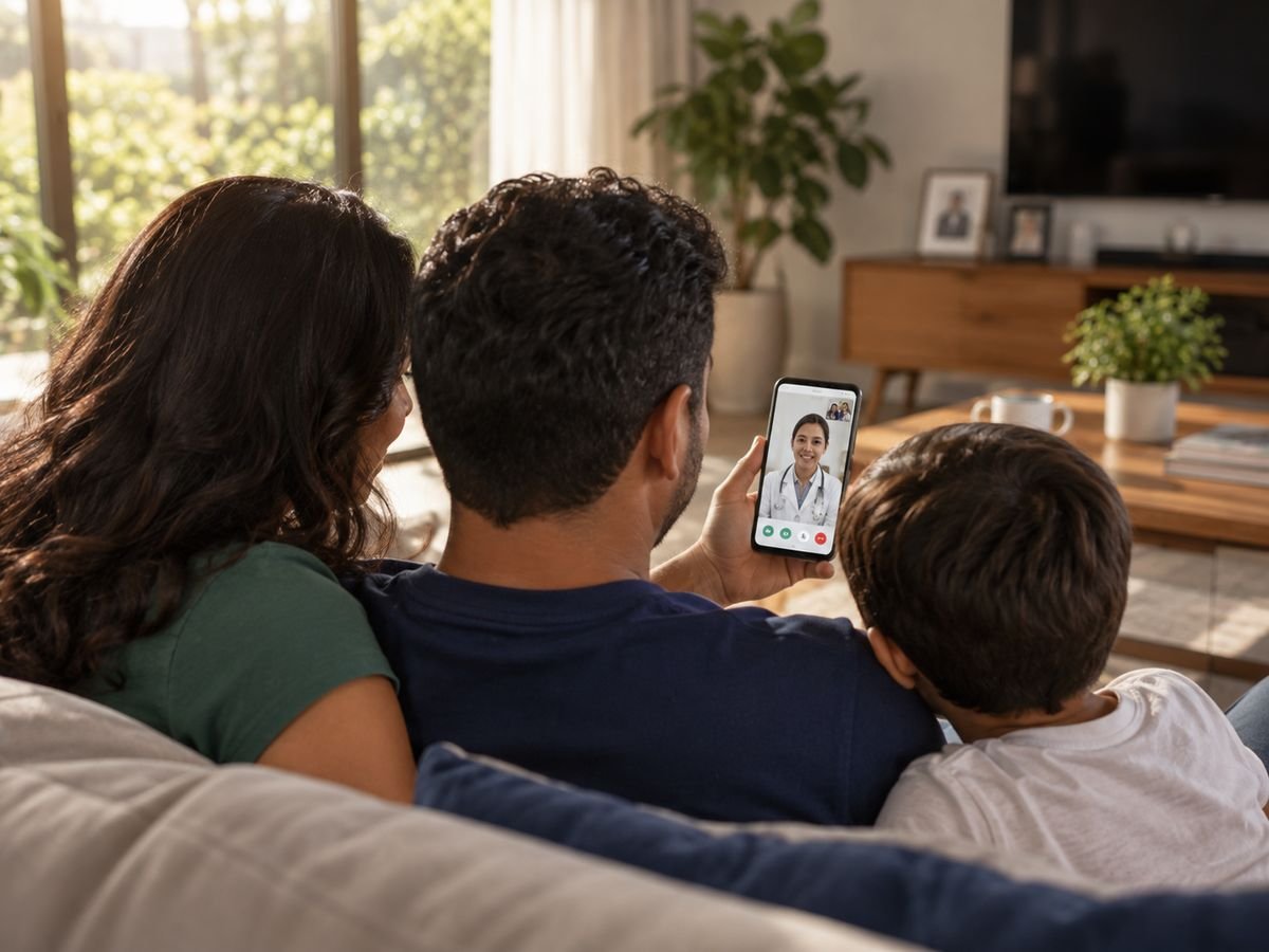 Família no sofá de casa, vista de costas, em uma consulta por vídeo com uma médica no celular